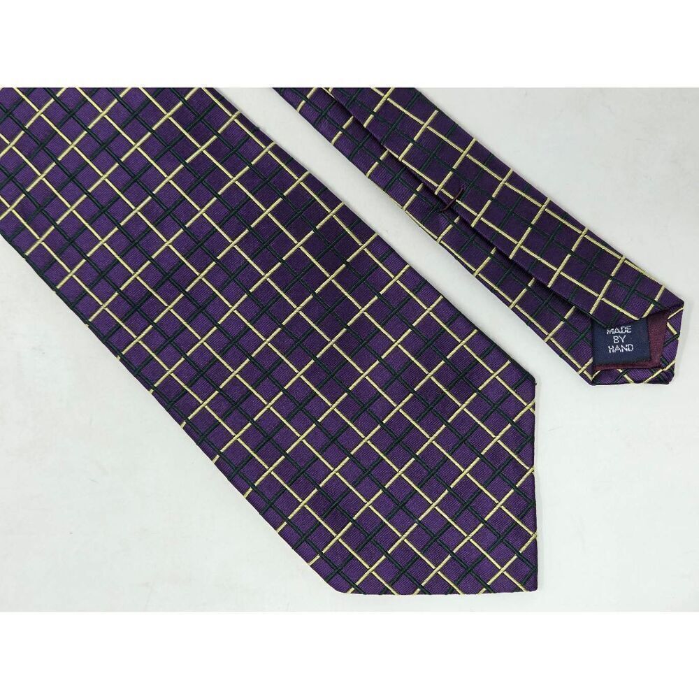 POLO RALPH LAUREN SILK TIE PURPLE YELLOW GREEN SATIN JACQUARD PLAID 4" X 57"
